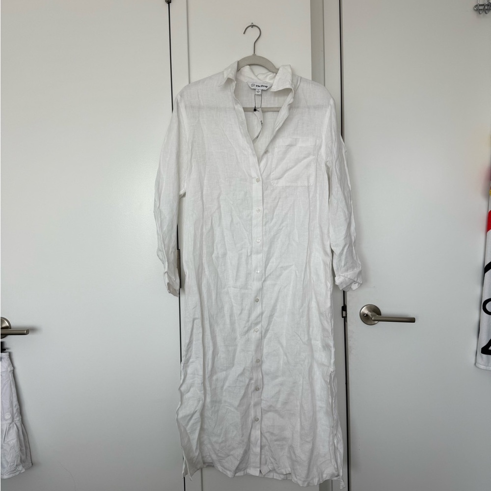 White Long Sleeve Notched Collar Midi Shirt Dress